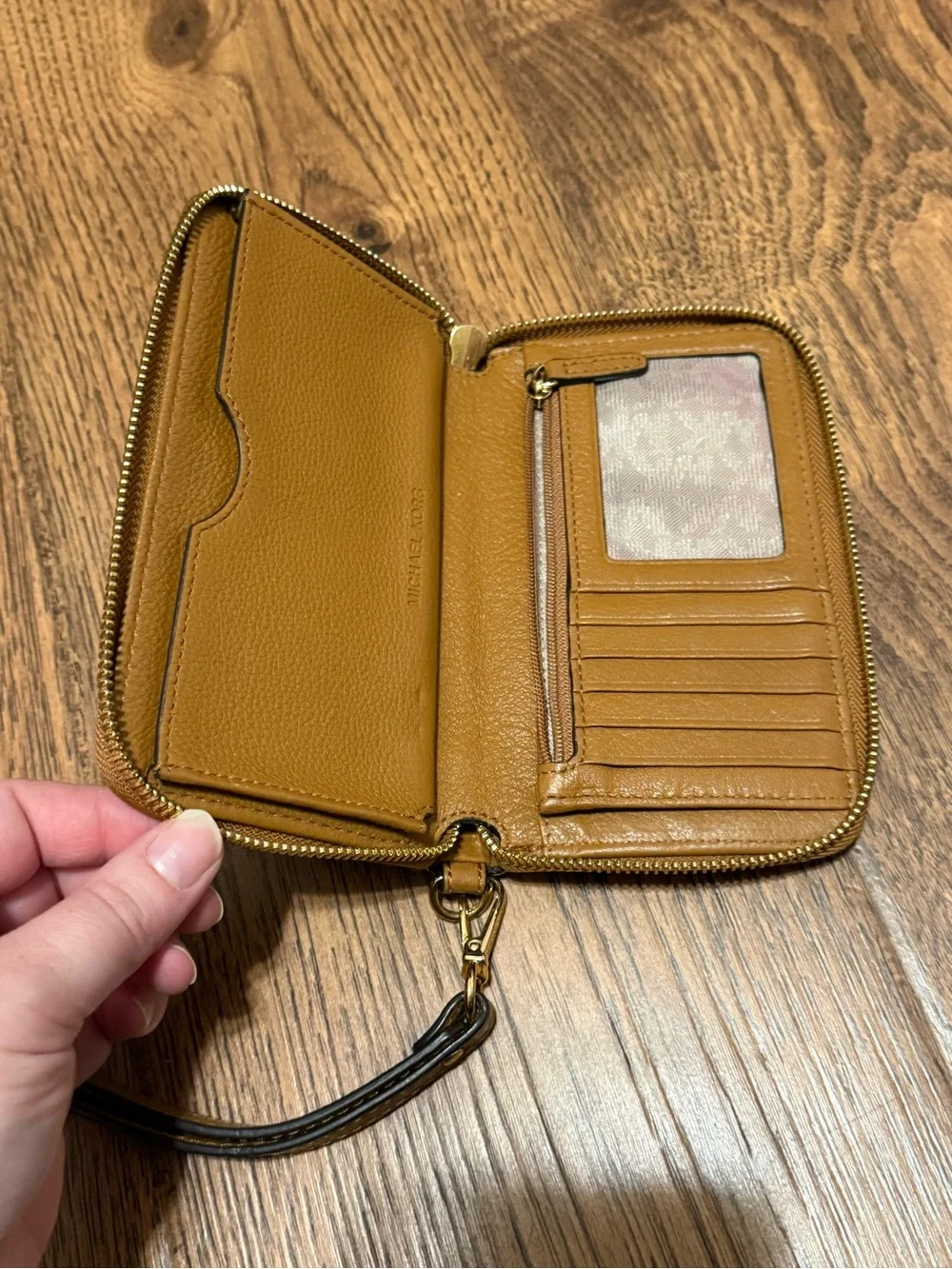 Michael Kors Tan Brown Leather MK Logo Zip Wristlet